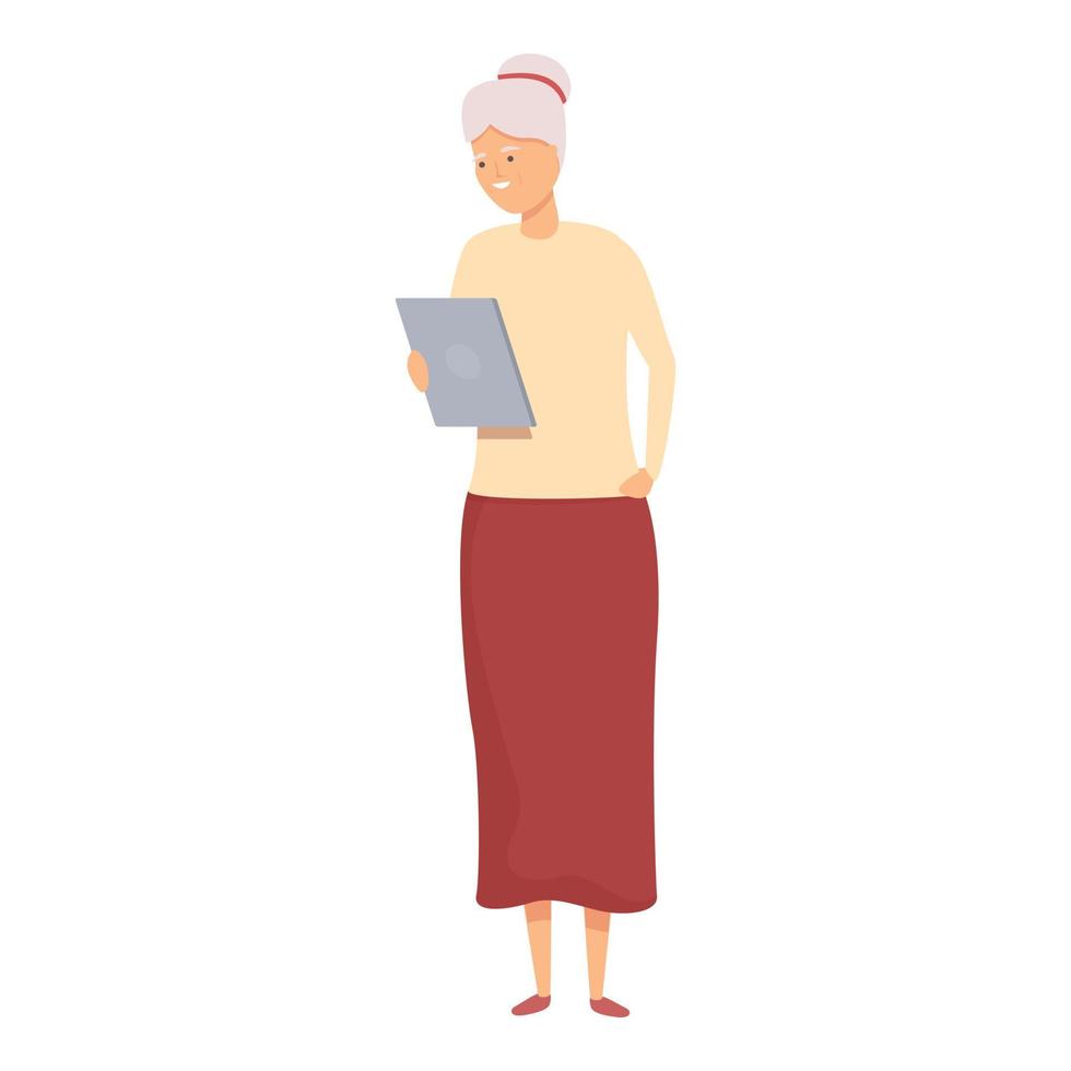 senior kvinna använda sig av läsplatta ikon tecknad serie vektor. gammal person vektor