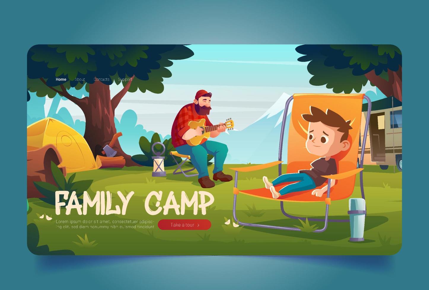 familj läger med tält och skåpbil i skog vektor