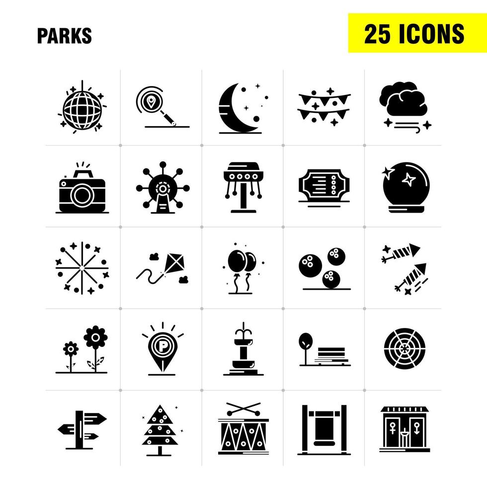 Parks feste Glyphensymbole, die für Infografiken, mobiles Uxui-Kit und Druckdesign festgelegt wurden, umfassen Schlagzeug, Instrument, Musik, Kartenstandort, Park, Parken, Welt, Symbolsatz, Vektor