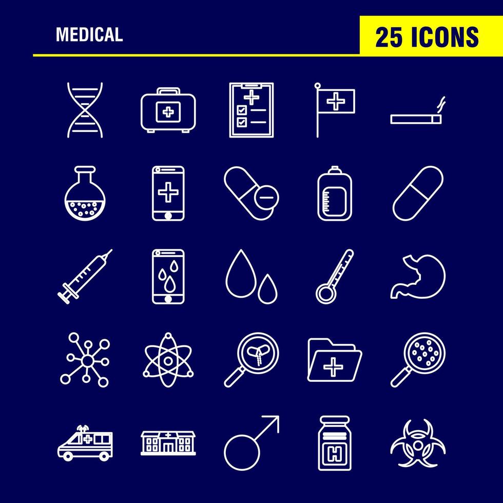 Symbole für die Gesundheitslinie, die für Infografiken, mobiles Uxui-Kit und Druckdesign festgelegt wurden, umfassen Spritze, Medizin, Krankenhaus, Stethoskop, Medizin, Arzt, Eps 10, Vektor