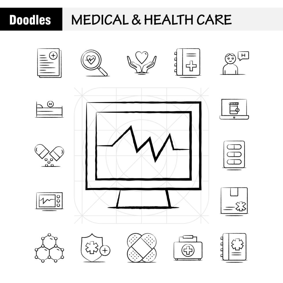 medizinisches und Gesundheitswesen handgezeichnetes Symbol für Webdruck und mobiles Uxui-Kit wie medizinischer Aktenbericht Krankenhausforschung medizinischer Herzschlag-Piktogramm-Packvektor vektor