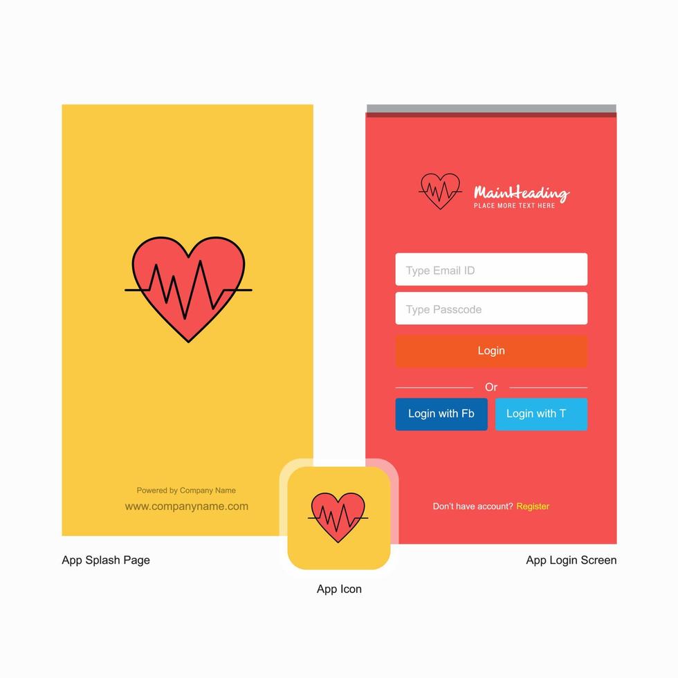 Unternehmensherz-EKG-Begrüßungsbildschirm und Login-Seitendesign mit Logo-Vorlage Mobile Online-Business-Vorlage vektor