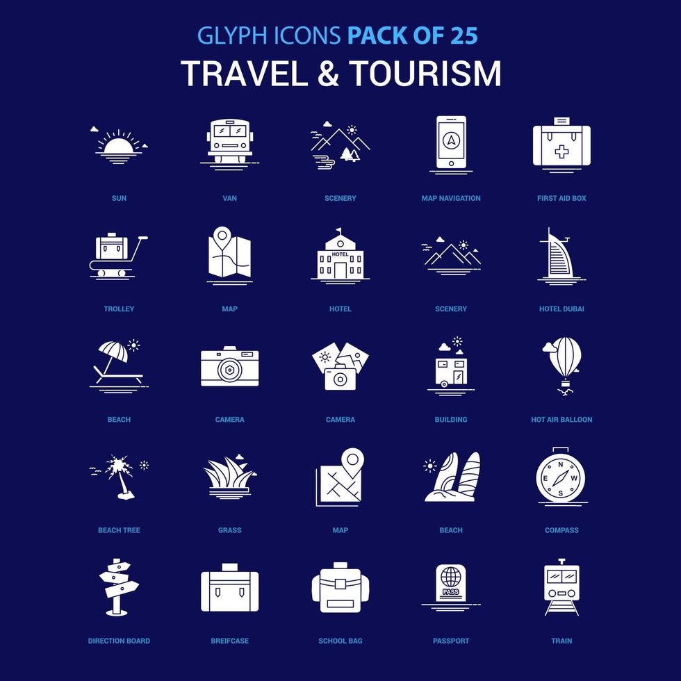 Reisen und Tourismus weißes Symbol auf blauem Hintergrund 25 Icon Pack vektor