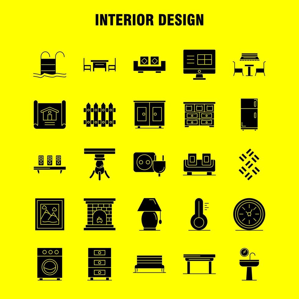 Solide Glyphensymbole für die Innenarchitektur, die für Infografiken, mobiles Uxui-Kit und Druckdesign festgelegt wurden, umfassen medizinische Aktendokumente, Tisch, Bidet, Möbel, Wasserspiegel, eps 10, Vektor