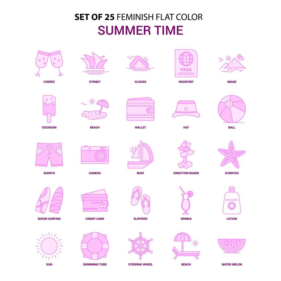 satz von 25 feminischen sommerzeit flache farbe rosa symbolsatz vektor