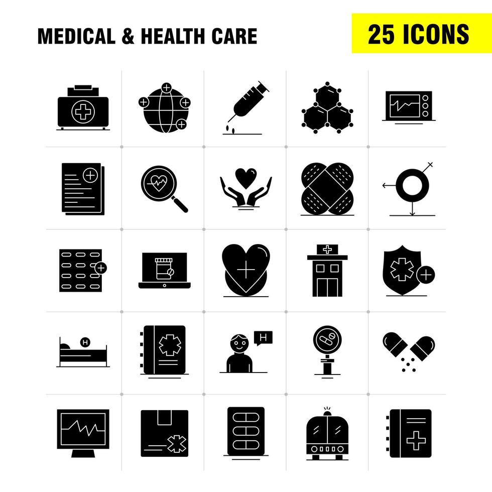 Solides Glyphensymbol für Medizin und Gesundheitswesen für Webdruck und mobiles Uxui-Kit wie medizinischer Aktenbericht Krankenhausforschung medizinischer Herzschlag-Piktogramm-Packvektor vektor