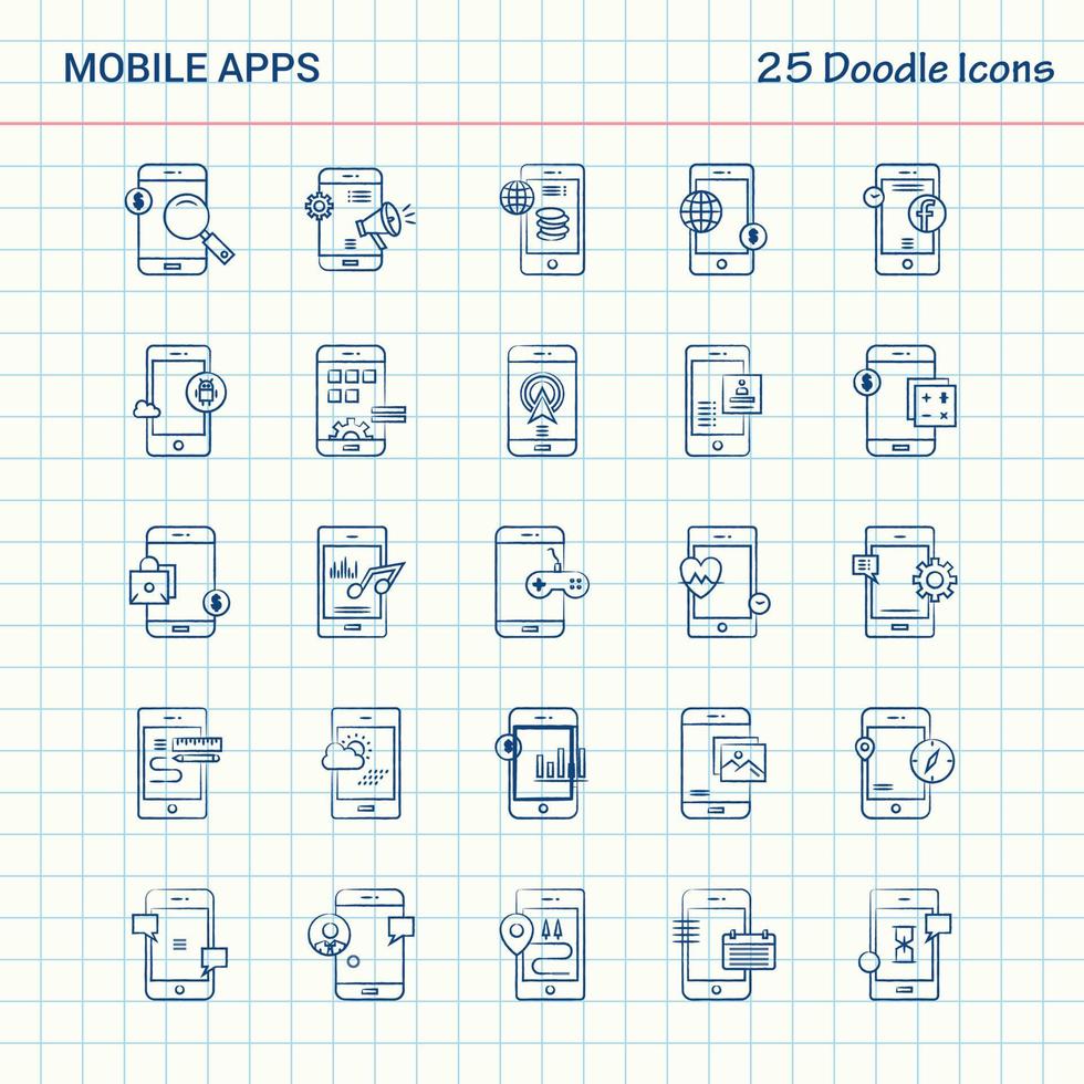 Mobile Apps 25 Doodle-Icons handgezeichnetes Business-Icon-Set vektor