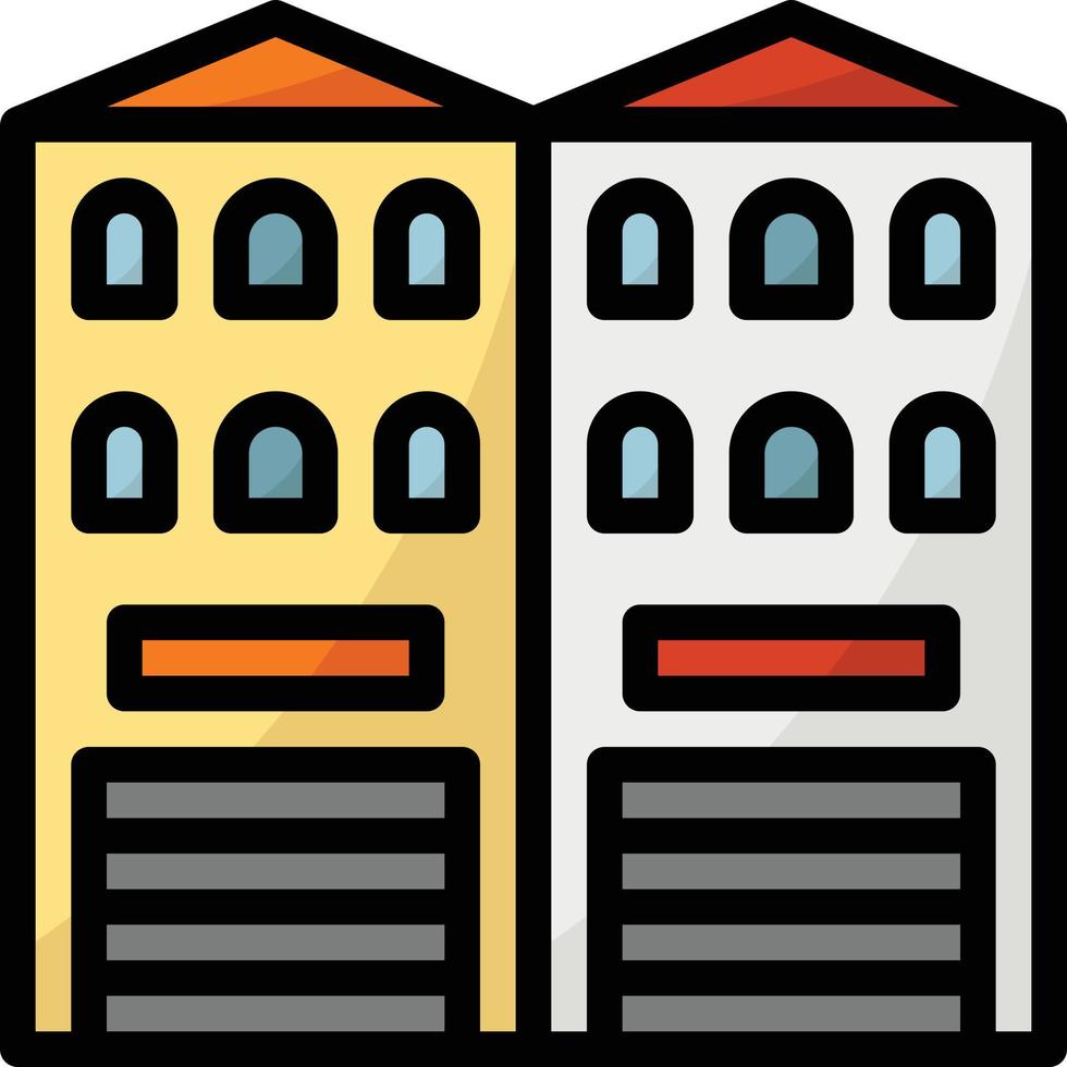butikshus tvilling hus byggnad - fylld översikt ikon vektor