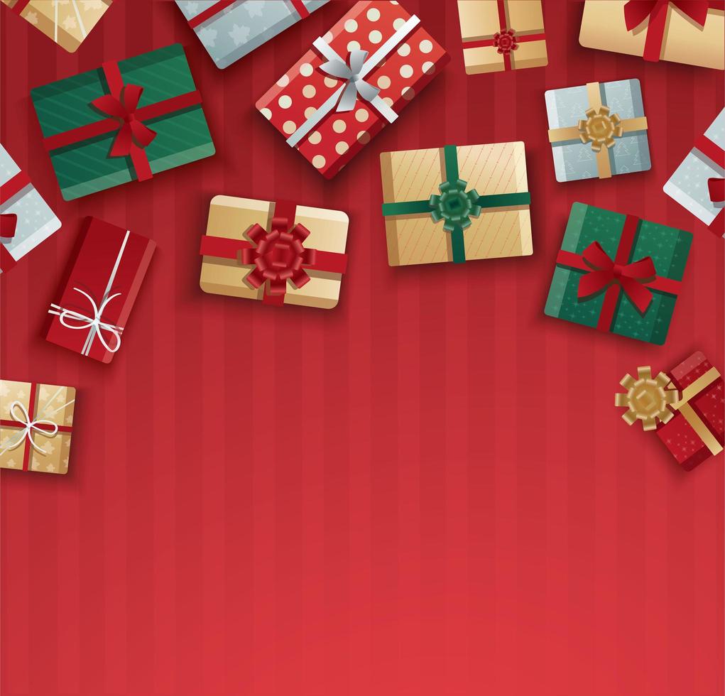 Weihnachtsgeschenkboxen auf rotem Streifenmuster vektor