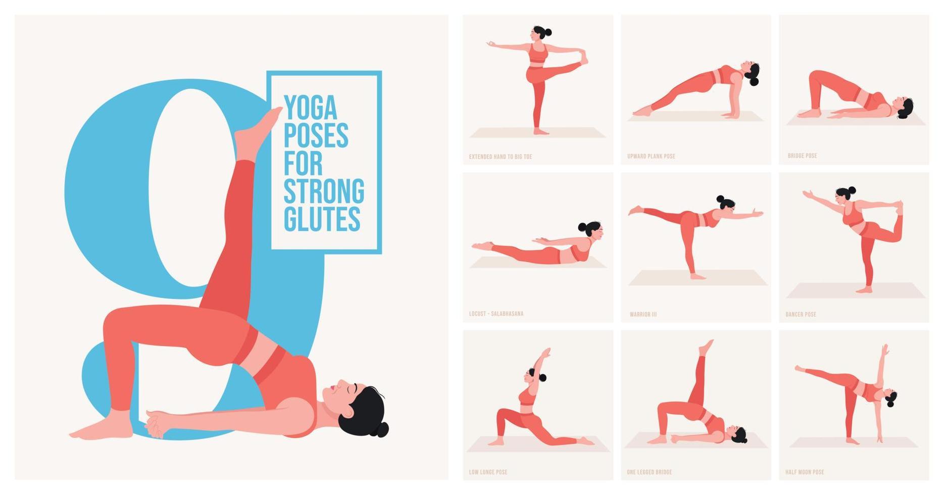 yoga poser för stark glutes. ung kvinna praktiserande yoga utgör. kvinna träna kondition, aerob och övningar. vektor illustration.