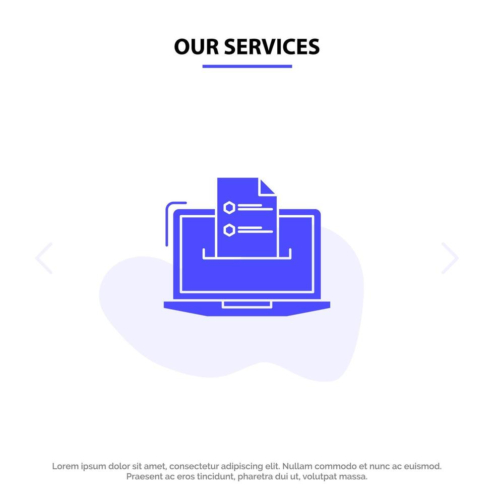 unsere dienstleistungen funktionen business computer online lebenslauf fähigkeiten web solide glyph icon web card template vektor