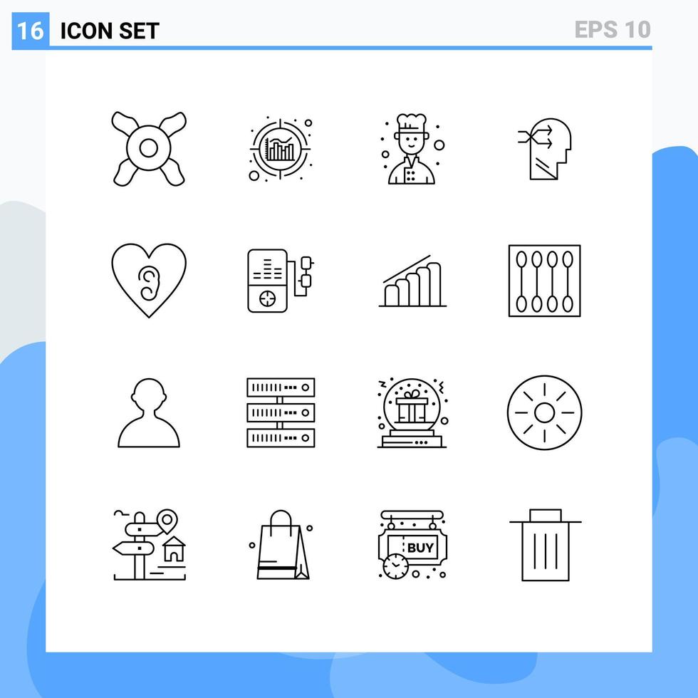 universelle Symbolsymbole Gruppe von 16 modernen Umrissen von Bildungsmusik Mentale Veränderung Liebe Ohr editierbare Vektordesign-Elemente vektor