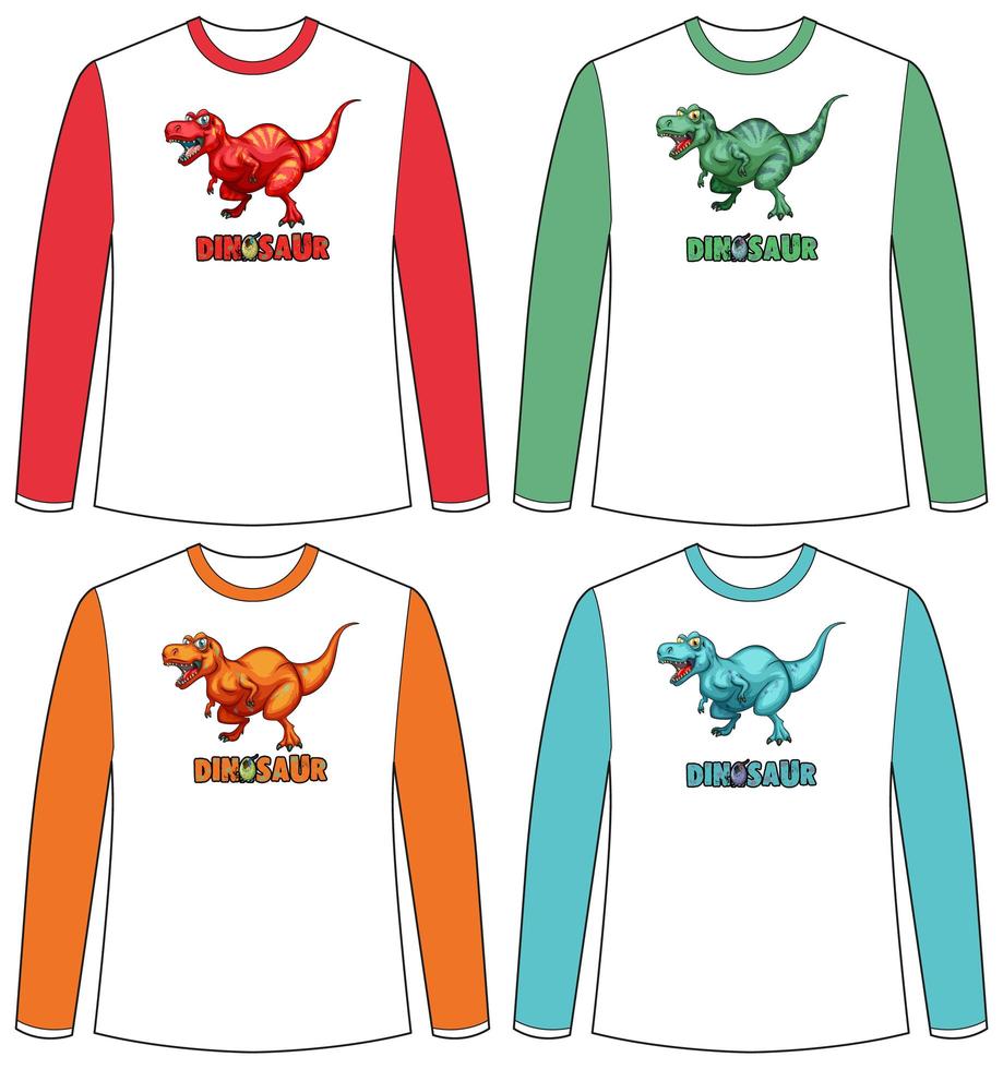 uppsättning av olika färger dinosaurie skärm på långärmad t-shirt vektor