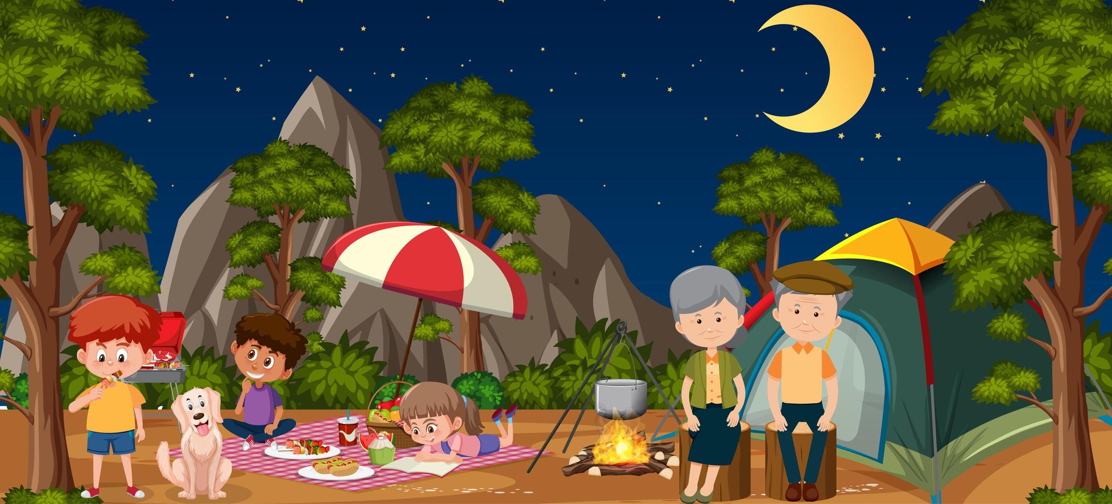 picknickplats med lycklig familj i skogen vektor