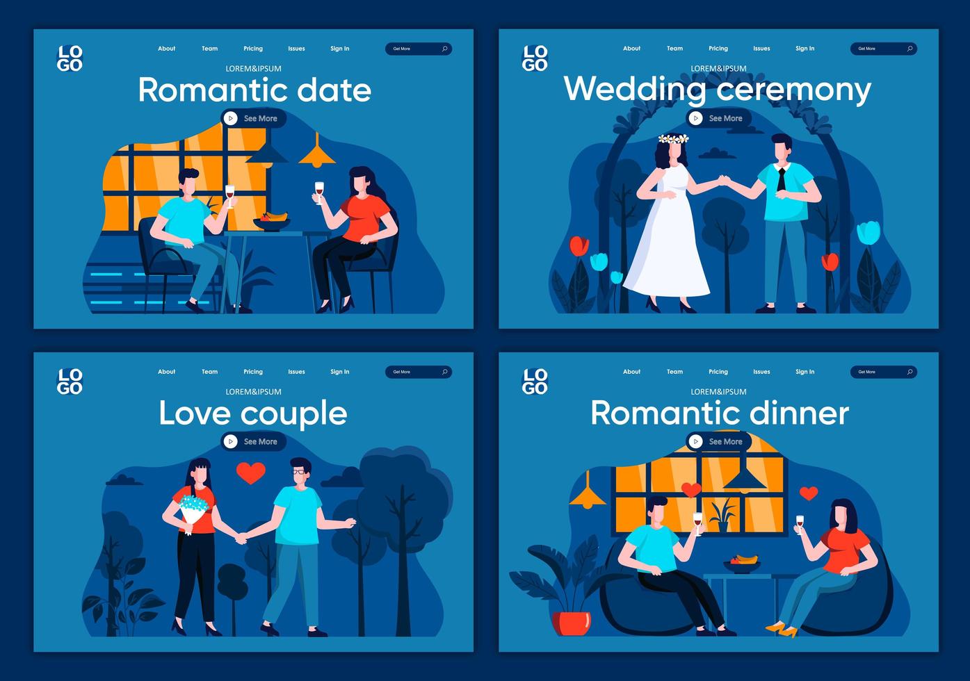 romantisches Date, flache Landing Pages gesetzt vektor