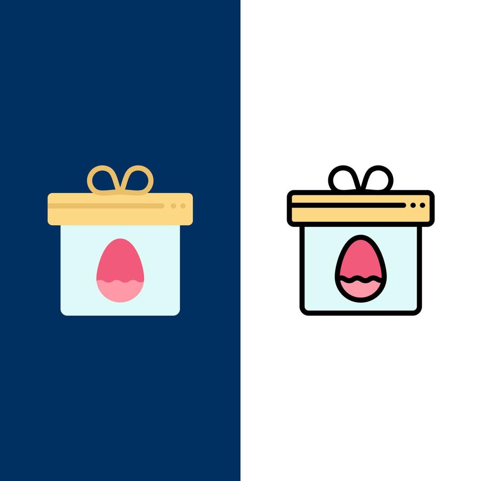 Geschenkbox Ei Ostern Symbole flach und Linie gefüllt Symbolsatz Vektor blauen Hintergrund