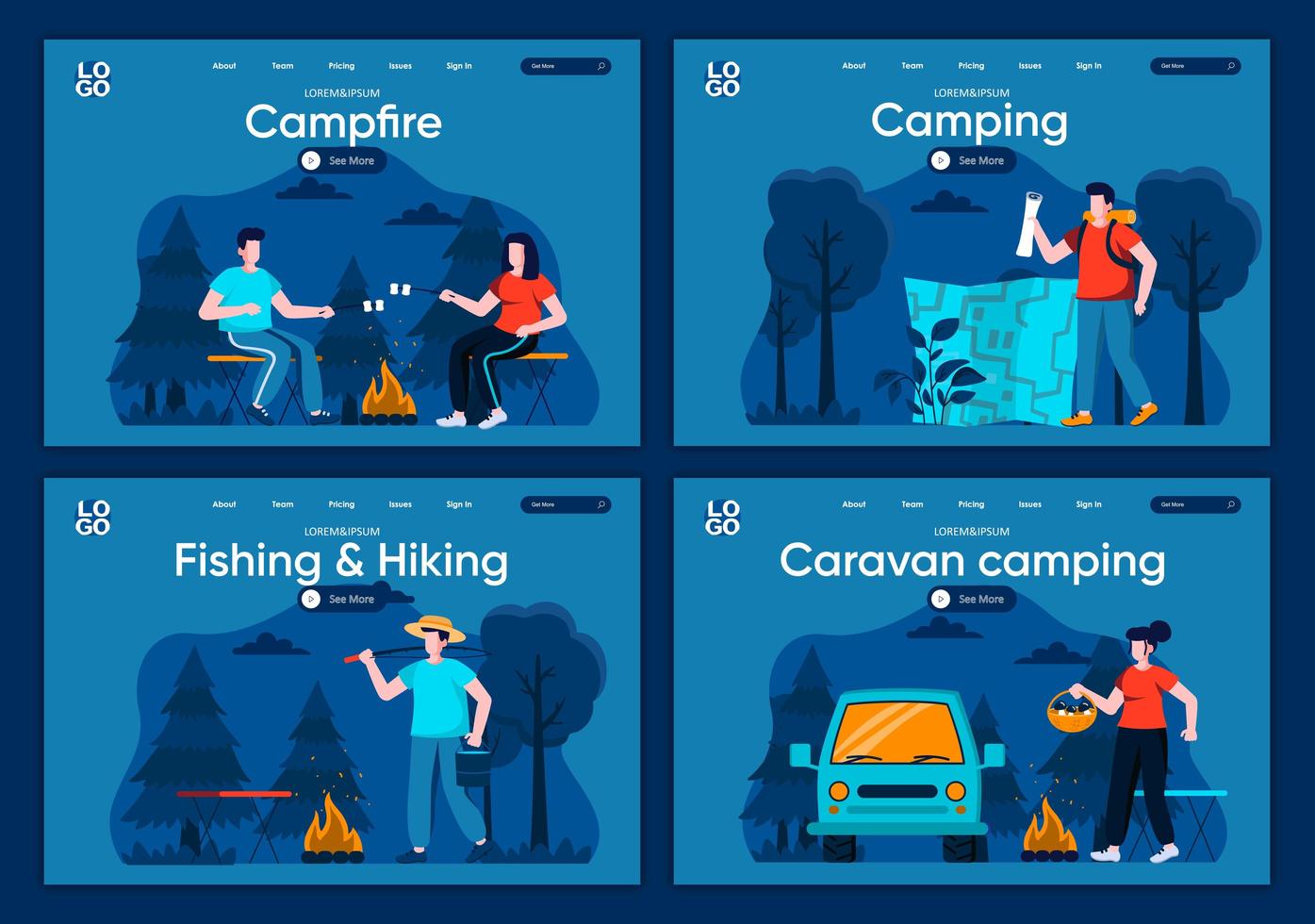 Wohnwagencamping, flache Landing Pages eingestellt vektor