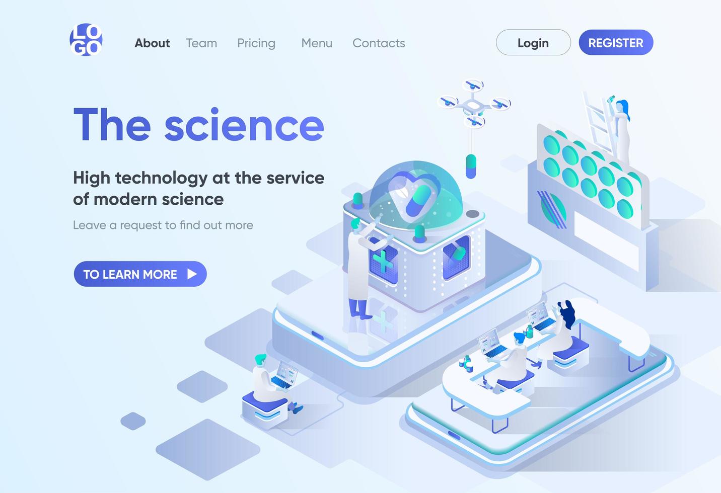 die Wissenschaft, isometrische Landing Page vektor