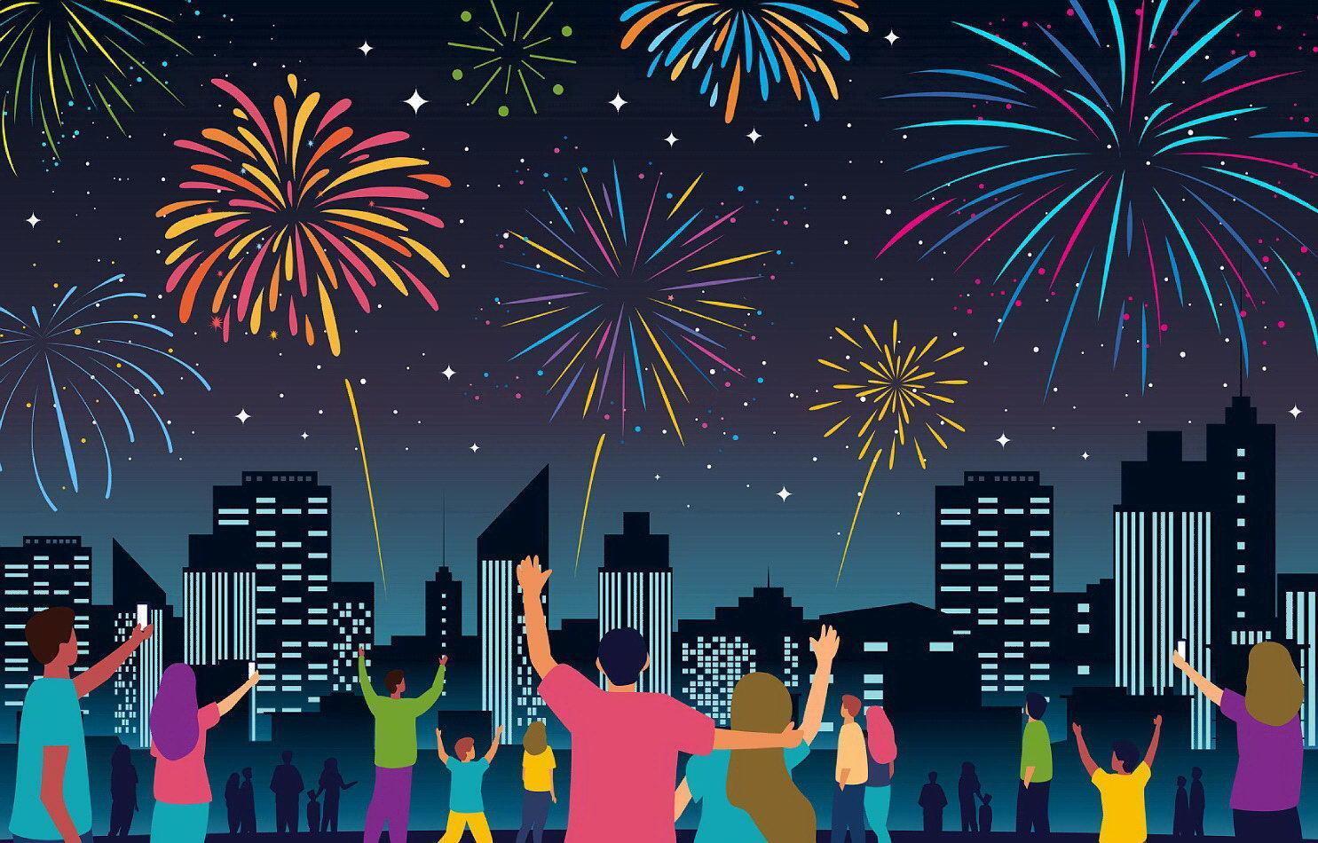Menschen feiern Neujahr mit Feuerwerk vektor