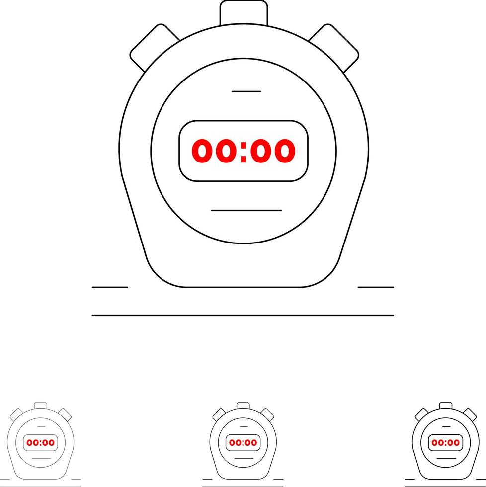 Timer-Stoppuhr Uhr Fett und dünne schwarze Linie Symbolsatz vektor