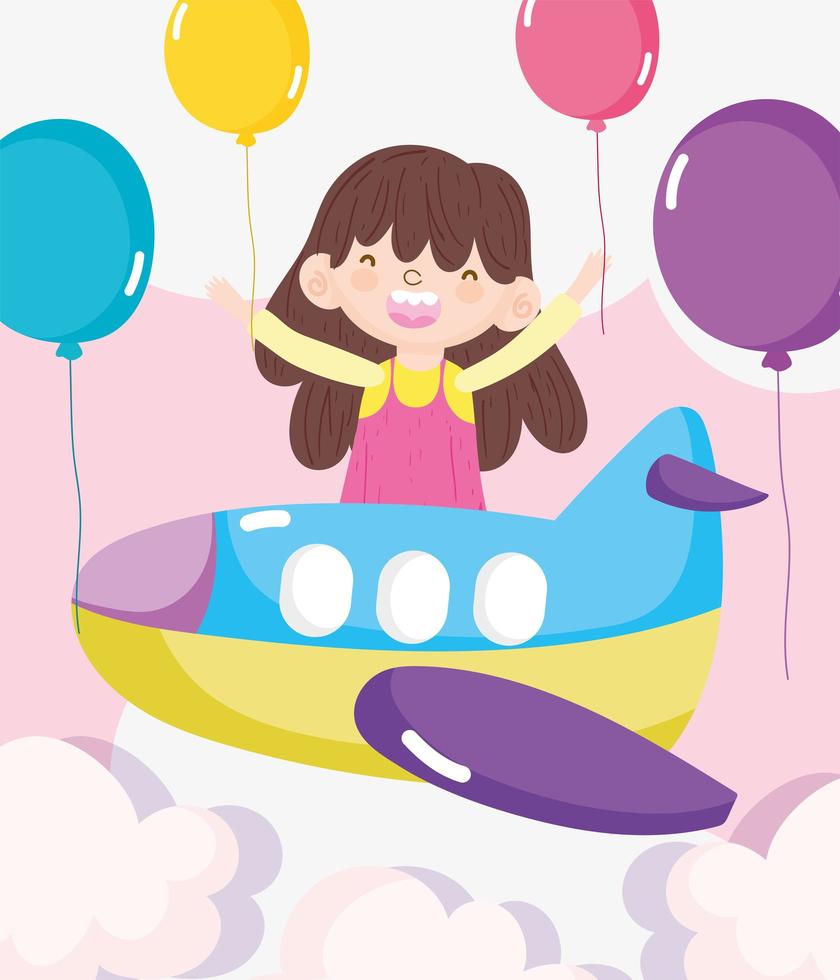 glückliches kleines Mädchen in einem Flugzeug mit Luftballons vektor