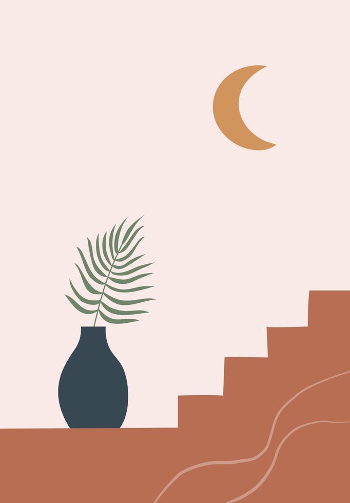 organisk minimalistisk landskap i hand dragen platt stil med trappa, vas, löv, måne. perfekt för vägg konst i de stil av mitten århundrade modern vektor