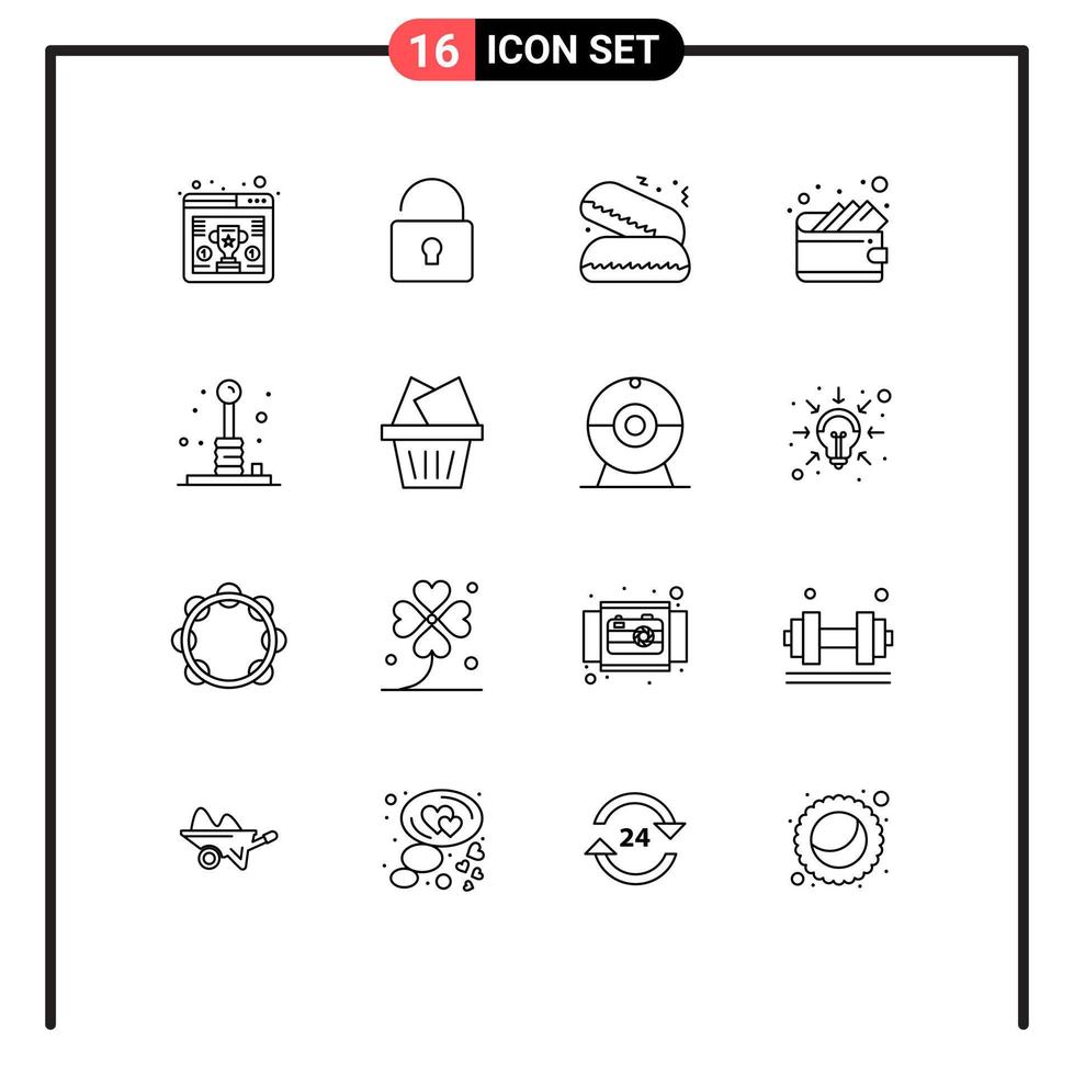 piktogram uppsättning av 16 enkel konturer av rekreation spel mat roligt plånbok redigerbar vektor design element