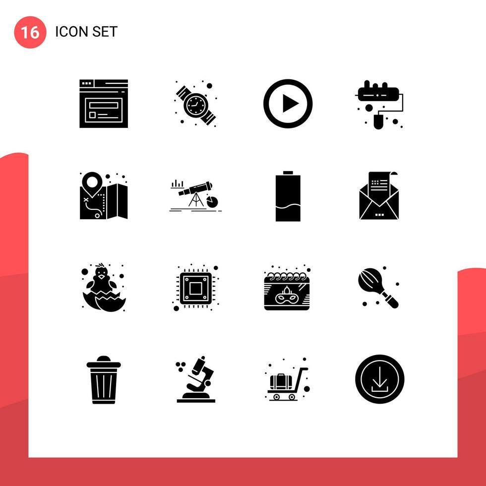 satz von 16 kommerziellen soliden glyphenpaketen für karten-gps-multimedia-walzenpinsel editierbare vektordesignelemente vektor