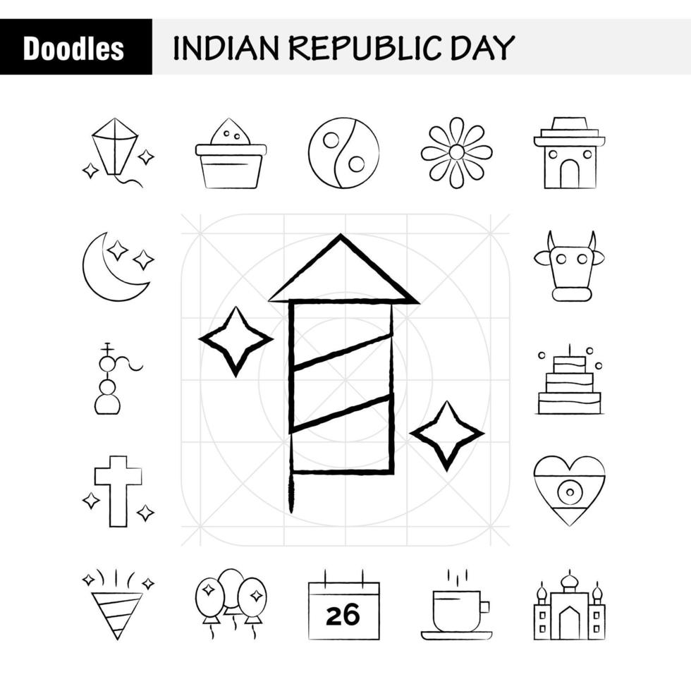 indischer republiktag handgezeichnetes symbolpaket für designer und entwickler symbole des drachenfestivals fliegen indien indischer topf essen tag vektor