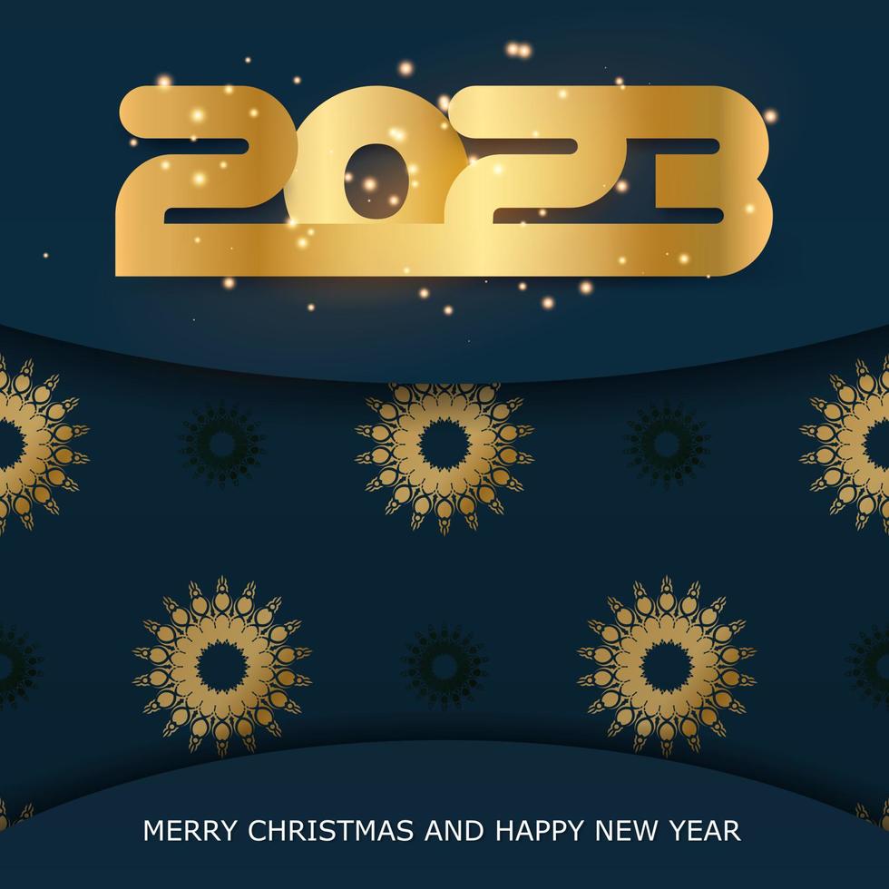 2023 Lycklig ny år hälsning bakgrund. gyllene mönster på blå. vektor