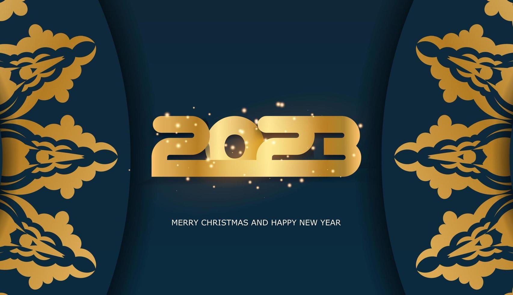 2023 Frohes neues Jahr festliche Grußkarte. blaue und goldene Farbe. vektor