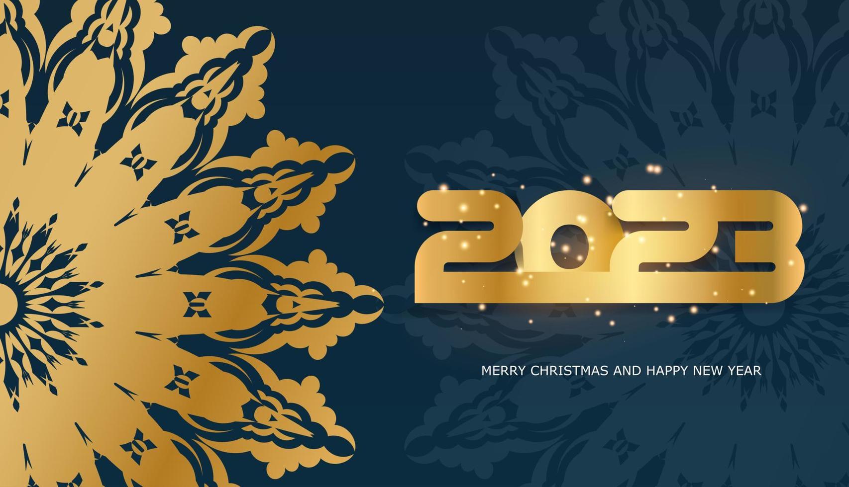 2023 Lycklig ny år hälsning kort. gyllene mönster på blå. vektor