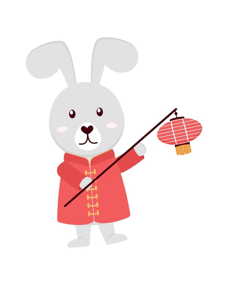 kanin i traditionell kinesisk klänning med en lykta i tassar. vektor