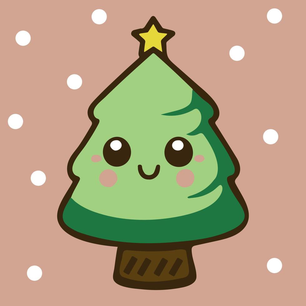 süßer entzückender weihnachtsbaum. kawaii-illustration. Winterferien. karikaturfeierbaum. Dekorationsfigur für ein fröhliches Cmas. lustiges Element. flaches Baumsymbol zum Feiern. Winterschnee für die Karte. vektor