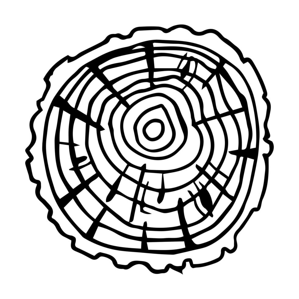 runder Baumstammschnitt, gesägte Kiefern- oder Eichenscheibe. Sägeschnittholz, Holz. Schwarze Holzstruktur mit Baumringen. handgezeichnete Skizze. Vektor-Illustration vektor