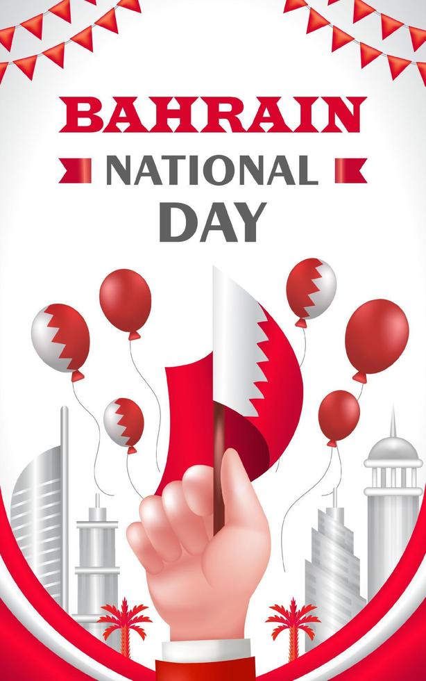 bahrain nationell dag, 3d illustration av hand innehav flagga med byggnad prydnad och ballong vektor
