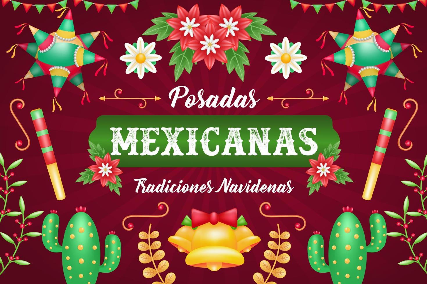 posadas mexicanas. 3D-Darstellung von Pinata, Kaktus und Blumenornament vektor