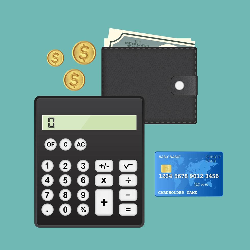 Prüfungskonzept mit Taschenrechner, Geldbörse und Kreditkarte vektor