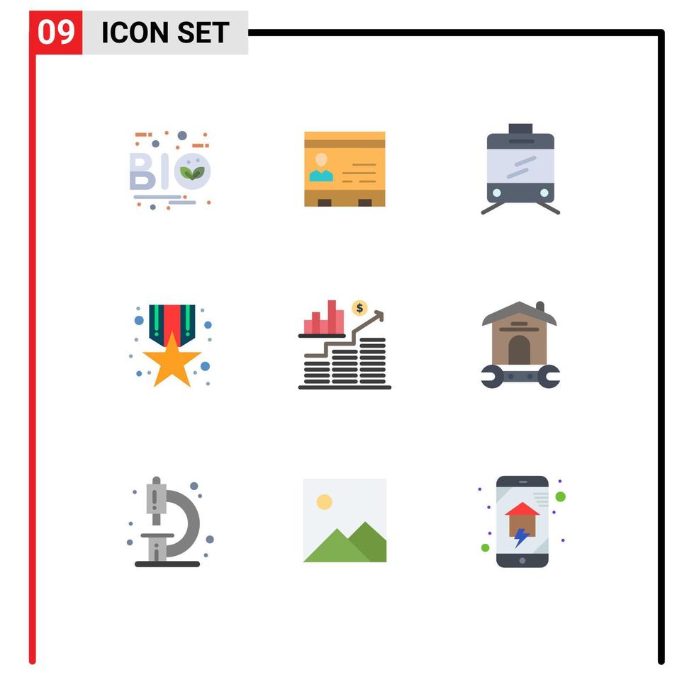 Stock Vector Icon Pack mit 9 Zeilenzeichen und Symbolen für Preismedaillenkontakte vergeben Straßenbahn editierbare Vektordesign-Elemente