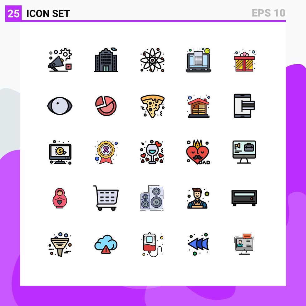 mobil gränssnitt fylld linje platt Färg uppsättning av 25 piktogram av biljett mottagande kemisk kolla upp atom redigerbar vektor design element
