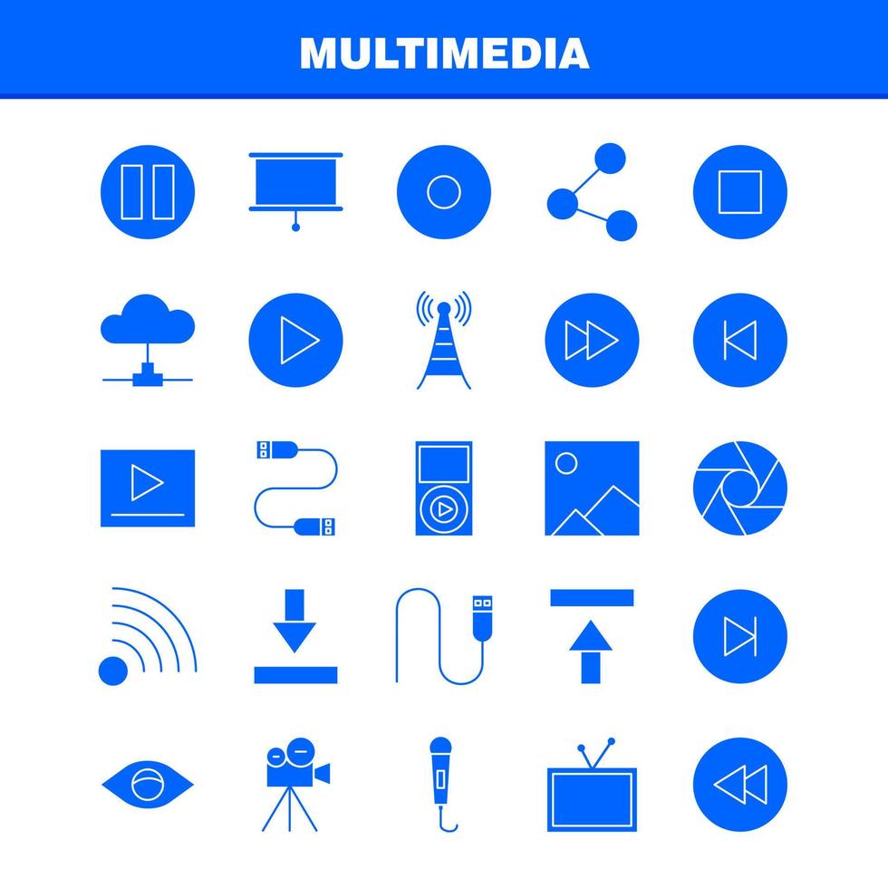 Multimedia-Solid-Glyph-Symbol für Webdruck und mobiles Uxui-Kit wie Media-Mikrofon-Soundsteuerung Fast-Forward-Media-Piktogramm-Pack-Vektor vektor