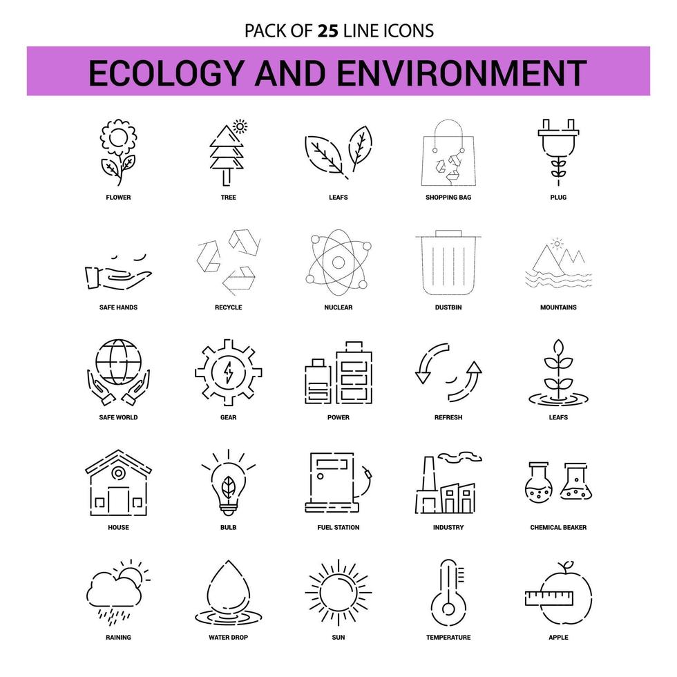 Ökologie und Umweltlinie Symbolsatz 25 gestrichelter Umrissstil vektor