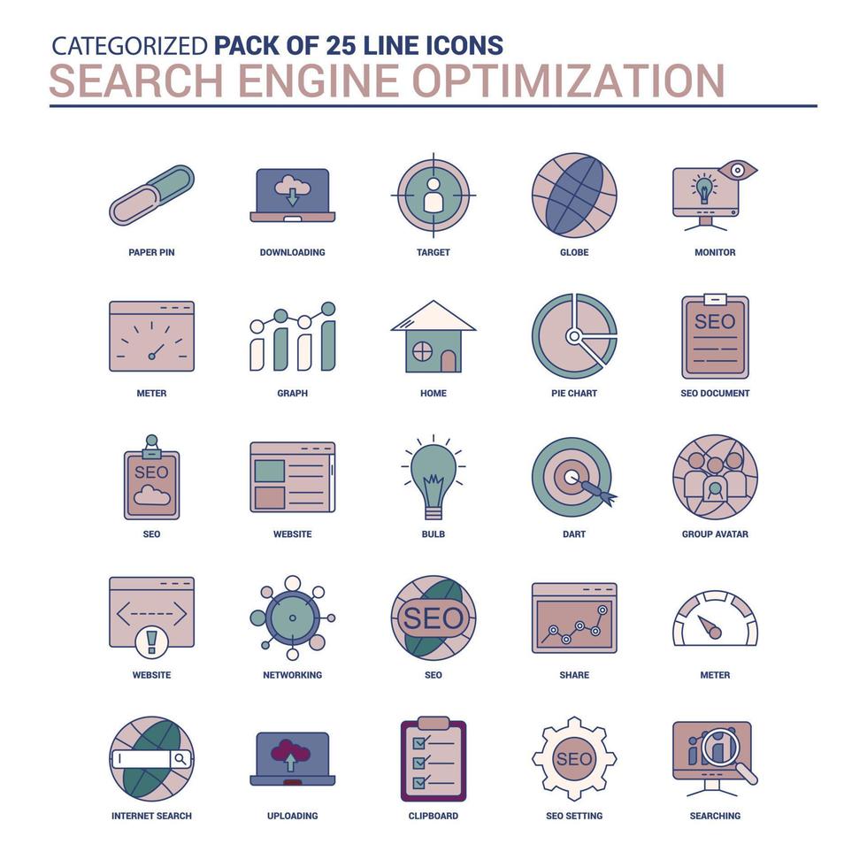 Vintage Search Engine Optimization Icon Set 25 Flachzeilen-Icon-Set vektor