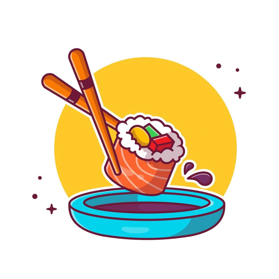 sushi, essstäbchen und shoyu cartoon vektor symbol illustration. japanisches lebensmittelikonenkonzept isolierter premium-vektor. flacher Cartoon-Stil