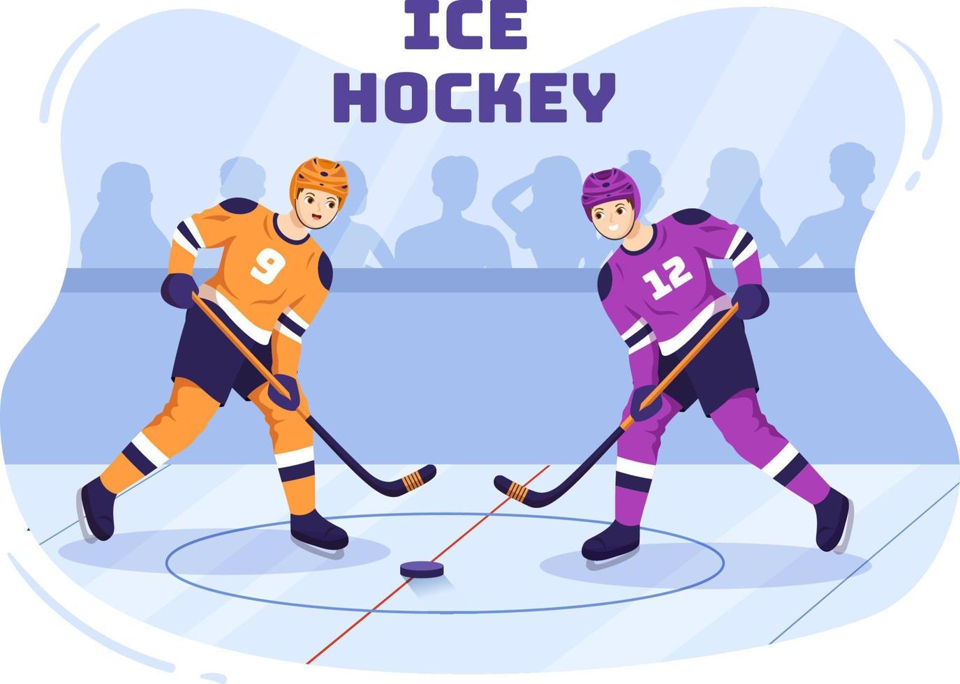 eishockeyspielersport mit helm, stock, puck und schlittschuhen in der eisoberfläche für spiel oder meisterschaft in der flachen hand gezeichneten schablonenillustration der karikatur vektor