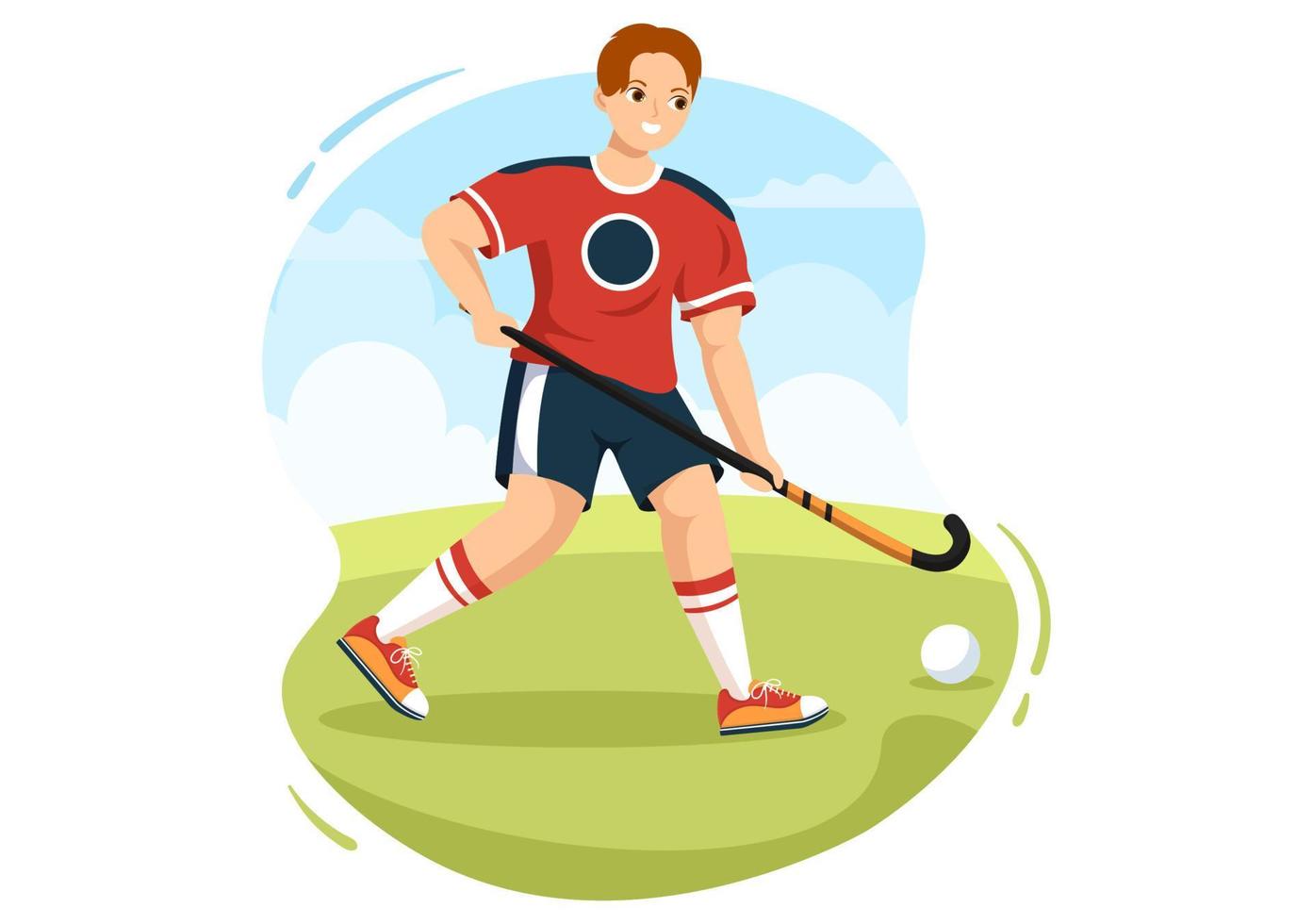 hockeyspielersport mit helm, schläger, puck und schlittschuhen auf der grünen wiese für spiel oder meisterschaft in der flachen hand gezeichneten schablonenillustration der karikatur vektor