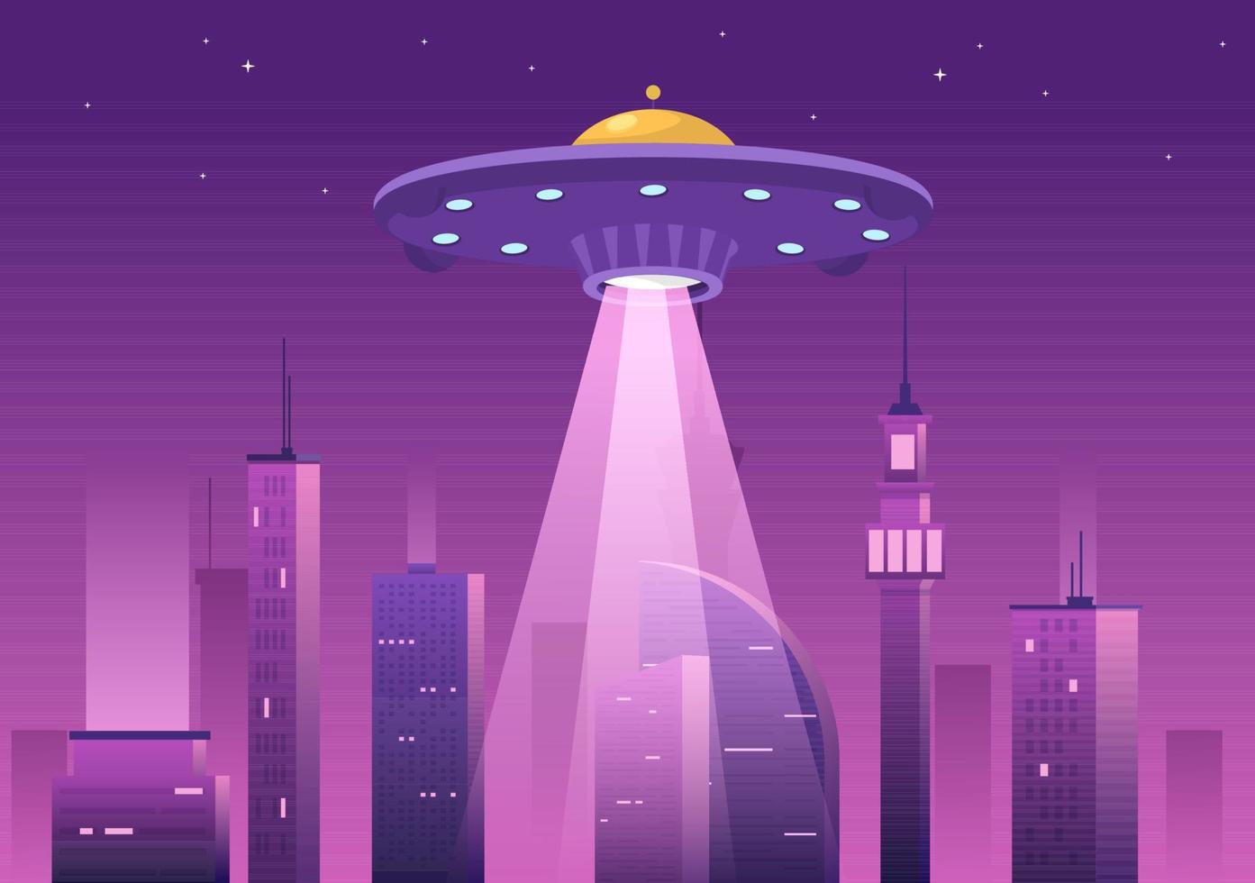 UFO flygande rymdskepp med strålar av ljus i himmel natt stad se och utomjording i platt tecknad serie hand dragen mallar illustration vektor
