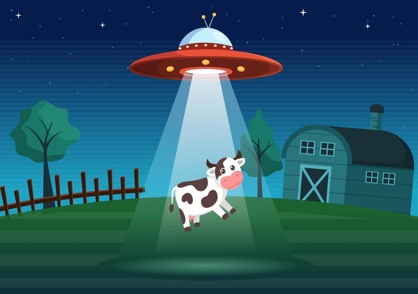 UFO flygande rymdskepp med flygande fat över de stad himmel bortföranden mänsklig eller djur i platt tecknad serie hand dragen mallar illustration vektor