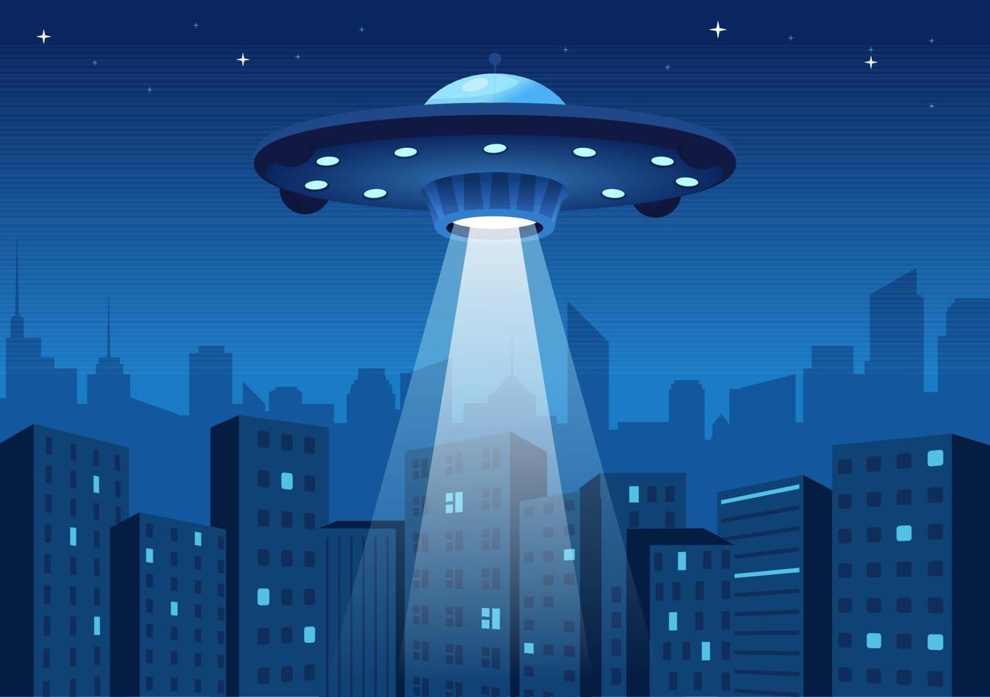 ufo-fliegendes raumschiff mit lichtstrahlen im himmel nachtstadtansicht und außerirdischer in flacher hand gezeichneter schablonenillustration der karikatur vektor