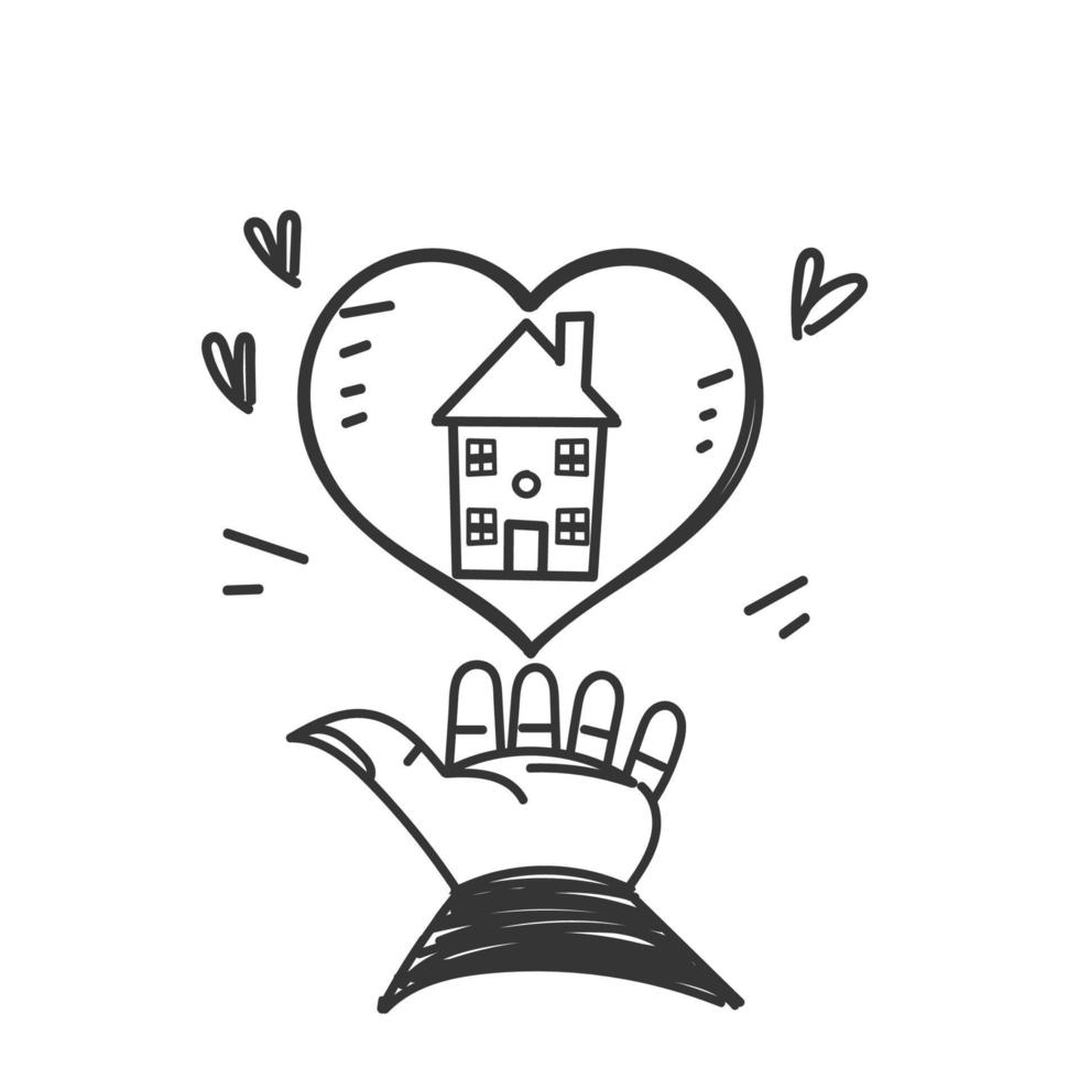hand dragen klotter händer innehav hus med hjärta ikon illustration vektor
